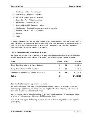Statement of Work StraighterLine, Inc. 
 LinkShare* – Affiliate # of impressions 
 AOL/ Ad.com – Advertising information 
 Google Ad Words – SEM and SEO data 
 Post Affiliate Pro – Affiliate impressions 
 Quickbooks – Financial (cost) data 
 Zoho – CRM and BD Opportunity tracking 
 Site Manager – Enrollment form, cohort, student id, source id 
 Constant Contact – e-mail/CRM system 
 Integrate 
 WGU 
In order to generate the required automated reports, a CRS system will need to be constructed containing 
a standard Relational Database (RDBMS) and automated workflows will be setup to acquire the reporting 
data from all sources and load it into the target (the main CRS system). The breakdown of tasks and 
costs to complete this work are detailed in this section. 
Central Reporting System: Implementation Tasks 
The overall Microsoft DB Schema will need to be designed and implemented into the CRS to house data 
required from source systems to generate the reports. The tasks to complete this work as follows: 
Tasks Hours Rate SubTotal 
Create Data Dictionaries for all Source Systems 16 $80 $1,280.00 
Design Data Schema For CRS Data Store 24 $80 $ 640.00 
Implement Schema into ODS (Stage & Production) 16 $80 $ 1,280.00 
Totals 56 $4,480.00 
Data Flow Implementation: Implementation Tasks 
The need to implement these feeds in the automated processes in Phase 1 is dependent on the final 
reporting output requirements and the timelines and budgets of the client. Therefore, only a subset of 
these feeds may be required for Phase 1 delivery. 
This proposal will consider the implementation of each data source independent of the reporting output, 
as several of the feeds contain data used ACROSS reporting views. 
Each data flow will require the following processes to automate their sourcing into the central reporting 
system (CRS): 
23 December 2011 | Confidential P a g e | 4 
 