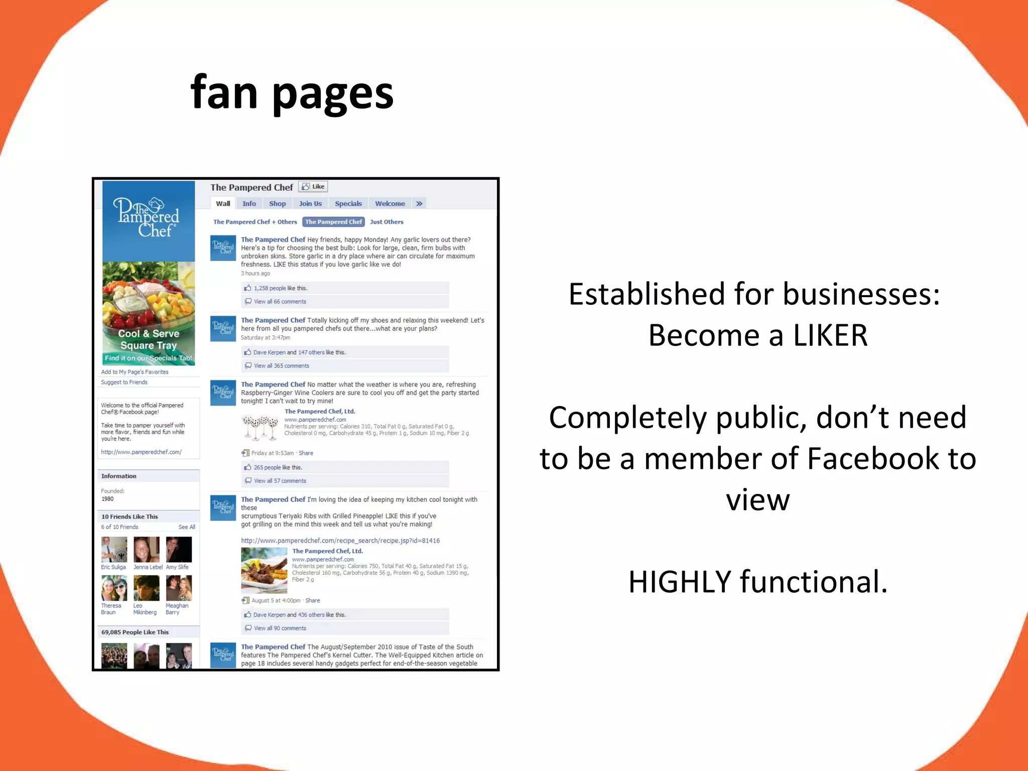 Established for businesses:  Become a LIKER Completely public, don’t need to be a member of Facebook to view HIGHLY functional. fan pages 