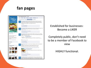 Established for businesses:  Become a LIKER Completely public, don’t need to be a member of Facebook to view HIGHLY functional. fan pages 