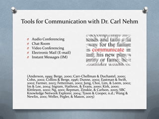 Tools for Communication with Dr. Carl Nehm
O Audio Conferencing
O Chat Room
O Video Conferencing
O Electronic Mail (E-mail)
O Instant Messages (IM)
(Anderson, 1999; Berge, 2000; Carr‐Chellman & Duchastel, 2000;
Cohn, 2002; Collins & Berge, 1996; Dunne, 2002; Eastman & Swift,
2002; Farmer, 2003; Fetterman, 2002; Jung, Choi, Lim, & Leem, 2002;
Im & Lee, 2004; Ingram, Hathron, & Evans, 2000; Kirk, 2000;
Kittleson, 2002; Ng, 2001; Repman, Zinskie, & Carlson, 2005; SBC
Knowledge Network Explorer, 2004; Tyson & Cooper, n.d.; Wang &
Newlin, 2001; Weller, Pegler, & Mason, 2005)
 