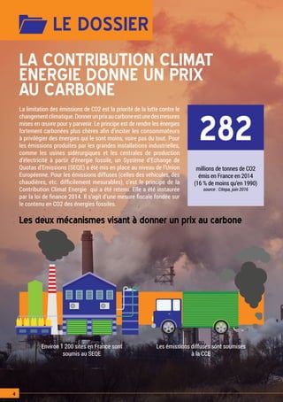 4
Les deux mécanismes visant à donner un prix au carbone
LA CONTRIBUTION CLIMAT
ENERGIE DONNE UN PRIX
AU CARBONE
LE DOSSIE...