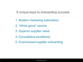 5 unique keys to onboarding success
1. Modern marketing automation
2. “White glove” service
3. Superior supplier value
4. Consultative excellence
5. Event-based supplier onboarding
 