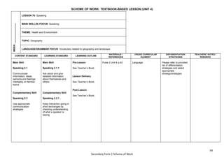 99
Secondary Form 1 Scheme of Work
SCHEME OF WORK: TEXTBOOK-BASED LESSON (UNIT 4)
WEEK:
_______________
LESSON 76: Speaking
MAIN SKILL(S) FOCUS: Speaking
THEME: Health and Environment
TOPIC: Geography
LANGUAGE/GRAMMAR FOCUS: Vocabulary related to geography and landscape
CONTENT STANDARD LEARNING STANDARD LEARNING OUTLINE
MATERIALS /
REFERENCES
CROSS CURRICULAR
ELEMENT
DIFFERENTIATION
STRATEGIES
TEACHERS’ NOTES /
REMARKS
Main Skill
Speaking 2.1
Communicate
information, ideas,
opinions and feelings
intelligibly on familiar
topics
Complementary Skill
Speaking 2.3
Use appropriate
communication
strategies
Main Skill
Speaking 2.1.1
Ask about and give
detailed information
about themselves and
others
Complementary Skill
Speaking 2.3.1
Keep interaction going in
short exchanges by
checking understanding
of what a speaker is
saying
Pre-Lesson
See Teacher’s Book.
Lesson Delivery
See Teacher’s Book.
Post Lesson
See Teacher’s Book.
Pulse 2 Unit 4 p.42 Language Please refer to provided
list of differentiation
strategies and select
appropriate
strategy/strategies.
 