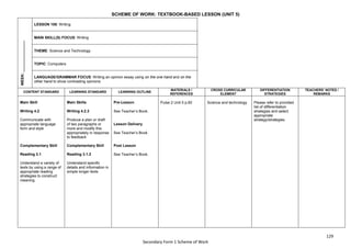 129
Secondary Form 1 Scheme of Work
SCHEME OF WORK: TEXTBOOK-BASED LESSON (UNIT 5)
WEEK:
_______________
LESSON 108: Writing
MAIN SKILL(S) FOCUS: Writing
THEME: Science and Technology
TOPIC: Computers
LANGUAGE/GRAMMAR FOCUS: Writing an opinion essay using on the one hand and on the
other hand to show contrasting opinions
CONTENT STANDARD LEARNING STANDARD LEARNING OUTLINE
MATERIALS /
REFERENCES
CROSS CURRICULAR
ELEMENT
DIFFERENTIATION
STRATEGIES
TEACHERS’ NOTES /
REMARKS
Main Skill
Writing 4.2
Communicate with
appropriate language
form and style
Complementary Skill
Reading 3.1
Understand a variety of
texts by using a range of
appropriate reading
strategies to construct
meaning
Main Skills
Writing 4.2.3
Produce a plan or draft
of two paragraphs or
more and modify this
appropriately in response
to feedback
Complementary Skill
Reading 3.1.2
Understand specific
details and information in
simple longer texts
Pre-Lesson
See Teacher’s Book.
Lesson Delivery
See Teacher’s Book.
Post Lesson
See Teacher’s Book.
Pulse 2 Unit 5 p.60 Science and technology Please refer to provided
list of differentiation
strategies and select
appropriate
strategy/strategies.
 