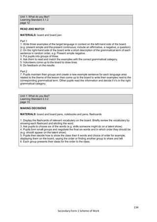 134
Secondary Form 1 Scheme of Work
Unit 1: What do you like?
Learning Standard 3.1.2
page 12
READ AND MATCH
MATERIALS: board and board pen
Part 1
1. Write three examples of the target language in context on the left-hand side of the board.
(e.g. present simple and the present continuous; include an affirmative, a negative, a question)
2. On the right-hand side of the board write a short description of the grammatical term of each
sentence in random order, e.g. Present simple negative.
3. Put pupils into groups of three.
4. Ask them to read and match the examples with the correct grammatical category.
5. Volunteers come up to the board to draw lines.
6. Do feedback on the results.
Part 2
7. Pupils maintain their groups and create a new example sentence for each language area
related to the theme of the lesson then come up to the board to write their examples next to the
corresponding grammatical term. Other pupils read the information and decide if it’s in the right
grammatical category.
Unit 1: What do you like?
Learning Standard 2.3.2
page 13
MAKING DECISIONS
MATERIALS: board and board pens, notebooks and pens, flashcards
1. Display the flashcards of relevant vocabulary on the board. Briefly review the vocabulary by
showing each flashcard and eliciting the word.
3. Ask pupils to choose six of the words (e.g. skills someone might do on a talent show).
4. Pupils form small groups and negotiate the final six words and in which order they should be
(e.g. should appear on the talent show).
5. Pupils then decide how to show the class their 6 words and choice of order for example,
displaying them on the board, saying the order or finding another group to share and tell.
6. Each group presents their ideas for the order to the class.
 