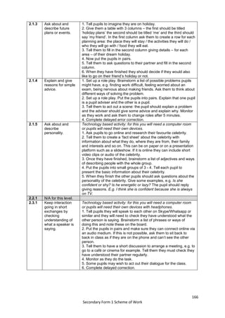 166
Secondary Form 1 Scheme of Work
2.1.3 Ask about and
describe future
plans or events.
1. Tell pupils to imagine they are on holiday.
2. Give them a table with 3 columns – the first should be titled
‘holiday plans’ the second should be titled ‘me’ and the third should
say ‘my friend’. In the first column ask them to create a row for each
planning area: the place they will stay / the activities they will do /
who they will go with / food they will eat.
3. Tell them to fill in the second column giving details – for each
area – of their dream holiday.
4. Now put the pupils in pairs.
5. Tell them to ask questions to their partner and fill in the second
column.
6. When they have finished they should decide if they would also
like to go on their friend’s holiday or not.
2.1.4 Explain and give
reasons for simple
advice.
1. Set up a role play. Brainstorm a list of possible problems pupils
might have, e.g. finding work difficult, feeling worried about an
exam, being nervous about making friends. Ask them to think about
different ways of solving the problem.
2. Set up a role play. Put the pupils into pairs. Explain that one pupil
is a pupil adviser and the other is a pupil.
3. Tell them to act out a scene: the pupil should explain a problem
and the adviser should give some advice and explain why. Monitor
as they work and ask them to change roles after 5 minutes.
4. Complete delayed error correction.
2.1.5 Ask about and
describe
personality.
Technology based activity: for this you will need a computer room
or pupils will need their own devices.
1. Ask pupils to go online and research their favourite celebrity.
2. Tell them to create a ‘fact sheet’ about the celebrity with
information about what they do, where they are from, their family
and interests and so on. This can be on paper or on a presentation
platform such as a slideshow. If it is online they can include short
video clips or audio of the celebrity.
3. Once they have finished, brainstorm a list of adjectives and ways
of describing people with the whole group.
4. Put the pupils into small groups of 3 - 4. Tell each pupil to
present the basic information about their celebrity.
5. When they finish the other pupils should ask questions about the
personality of the celebrity. Give some examples, e.g. Is she
confident or shy? Is he energetic or lazy? The pupil should reply
giving reasons. E.g. I think she is confident because she is always
on TV.
2.2.1 N/A for this level.
2.3.1 Keep interaction
going in short
exchanges by
checking
understanding of
what a speaker is
saying.
Technology based activity: for this you will need a computer room
or pupils will need their own devices with headphones.
1. Tell pupils they will speak to each other on Skype/Whatsapp or
similar and they will need to check they have understood what the
other person is saying. Brainstorm a list of phrases or ways of
doing this and note these on the board.
2. Put the pupils in pairs and make sure they can connect online via
an audio medium. If this is not possible, ask them to sit back to
back in class as if they are on the phone and can’t see the other
person.
3. Tell them to have a short discussion to arrange a meeting, e.g. to
go to a café or cinema for example. Tell them they must check they
have understood their partner regularly.
4. Monitor as they do the task.
5. Some pupils may wish to act out their dialogue for the class.
6. Complete delayed correction.
 