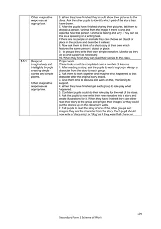 179
Secondary Form 1 Scheme of Work
Other imaginative
responses as
appropriate.
6. When they have finished they should show their pictures to the
class. Ask the other pupils to identify which part of the story they
have drawn.
7. After the pupils have finished sharing their pictures, tell them to
choose a person / animal from the image if there is one and
describe how that person / animal is feeling and why. They can do
this as a speaking or a writing task.
If there are no people or animals they can choose an object or
place in the picture and describe it instead.
8. Now ask them to think of a short story of their own which
features the same person / object or place.
9. In groups they write their own simple narrative. Monitor as they
do so and support as necessary.
10. When they finish they can read their stories to the class.
5.3.1 Respond
imaginatively and
intelligibly through
creating simple
stories and simple
poems.
Other imaginative
responses as
appropriate.
Project work
These tasks could be completed over a number of lessons
1. After reading a story, ask the pupils to work in groups. Assign a
character from the story to each group.
2. Ask them to work together and imagine what happened to that
character after the original story ended.
3. Give them time to discuss and work on this, monitoring to
support.
4. When they have finished get each group to role play what
happened.
5. Confident pupils could do their role play for the rest of the class.
6. Ask the pupils to now write their new narrative into a story and
create illustrations for it. When they have finished they can either
read their story to the group and project their images, or they could
put the stories up on the classroom walls.
7. Tell pupils to read the story of one of the other groups and
imagine they are the character from the story. Each pupil should
now write a ‘diary entry’ or ‘blog’ as if they were that character.
 