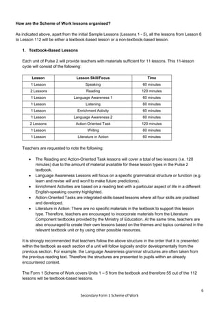 6
Secondary Form 1 Scheme of Work
How are the Scheme of Work lessons organised?
As indicated above, apart from the initial Sample Lessons (Lessons 1 - 5), all the lessons from Lesson 6
to Lesson 112 will be either a textbook-based lesson or a non-textbook-based lesson.
1. Textbook-Based Lessons
Each unit of Pulse 2 will provide teachers with materials sufficient for 11 lessons. This 11-lesson
cycle will consist of the following:
Lesson Lesson Skill/Focus Time
1 Lesson Speaking 60 minutes
2 Lessons Reading 120 minutes
1 Lesson Language Awareness 1 60 minutes
1 Lesson Listening 60 minutes
1 Lesson Enrichment Activity 60 minutes
1 Lesson Language Awareness 2 60 minutes
2 Lessons Action-Oriented Task 120 minutes
1 Lesson Writing 60 minutes
1 Lesson Literature in Action 60 minutes
Teachers are requested to note the following:
 The Reading and Action-Oriented Task lessons will cover a total of two lessons (i.e. 120
minutes) due to the amount of material available for these lesson types in the Pulse 2
textbook.
 Language Awareness Lessons will focus on a specific grammatical structure or function (e.g.
learn and revise will and won’t to make future predictions).
 Enrichment Activities are based on a reading text with a particular aspect of life in a different
English-speaking country highlighted.
 Action-Oriented Tasks are integrated-skills-based lessons where all four skills are practised
and developed.
 Literature in Action: There are no specific materials in the textbook to support this lesson
type. Therefore, teachers are encouraged to incorporate materials from the Literature
Component textbooks provided by the Ministry of Education. At the same time, teachers are
also encouraged to create their own lessons based on the themes and topics contained in the
relevant textbook unit or by using other possible resources.
It is strongly recommended that teachers follow the above structure in the order that it is presented
within the textbook as each section of a unit will follow logically and/or developmentally from the
previous section. For example, the Language Awareness grammar structures are often taken from
the previous reading text. Therefore the structures are presented to pupils within an already
encountered context.
The Form 1 Scheme of Work covers Units 1 – 5 from the textbook and therefore 55 out of the 112
lessons will be textbook-based lessons.
 