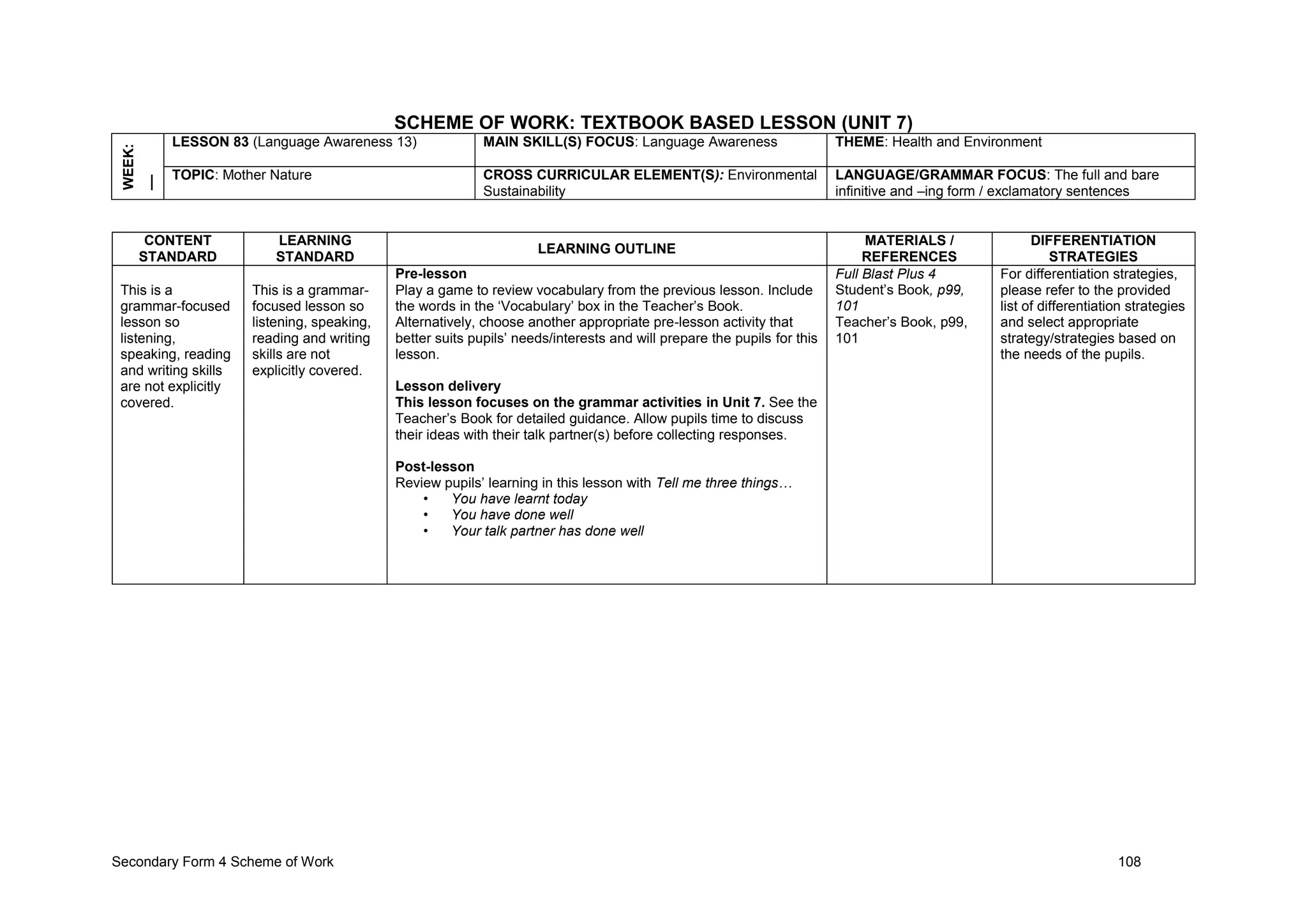 Secondary Form 4 Scheme of Work 108
SCHEME OF WORK: TEXTBOOK BASED LESSON (UNIT 7)
WEEK:
__ LESSON 83 (Language Awareness 13) MAIN SKILL(S) FOCUS: Language Awareness THEME: Health and Environment
TOPIC: Mother Nature CROSS CURRICULAR ELEMENT(S): Environmental
Sustainability
LANGUAGE/GRAMMAR FOCUS: The full and bare
infinitive and –ing form / exclamatory sentences
CONTENT
STANDARD
LEARNING
STANDARD
LEARNING OUTLINE
MATERIALS /
REFERENCES
DIFFERENTIATION
STRATEGIES
This is a
grammar-focused
lesson so
listening,
speaking, reading
and writing skills
are not explicitly
covered.
This is a grammar-
focused lesson so
listening, speaking,
reading and writing
skills are not
explicitly covered.
Pre-lesson
Play a game to review vocabulary from the previous lesson. Include
the words in the ‘Vocabulary’ box in the Teacher’s Book.
Alternatively, choose another appropriate pre-lesson activity that
better suits pupils’ needs/interests and will prepare the pupils for this
lesson.
Lesson delivery
This lesson focuses on the grammar activities in Unit 7. See the
Teacher’s Book for detailed guidance. Allow pupils time to discuss
their ideas with their talk partner(s) before collecting responses.
Post-lesson
Review pupils’ learning in this lesson with Tell me three things…
• You have learnt today
• You have done well
• Your talk partner has done well
Full Blast Plus 4
Student’s Book, p99,
101
Teacher’s Book, p99,
101
For differentiation strategies,
please refer to the provided
list of differentiation strategies
and select appropriate
strategy/strategies based on
the needs of the pupils.
 