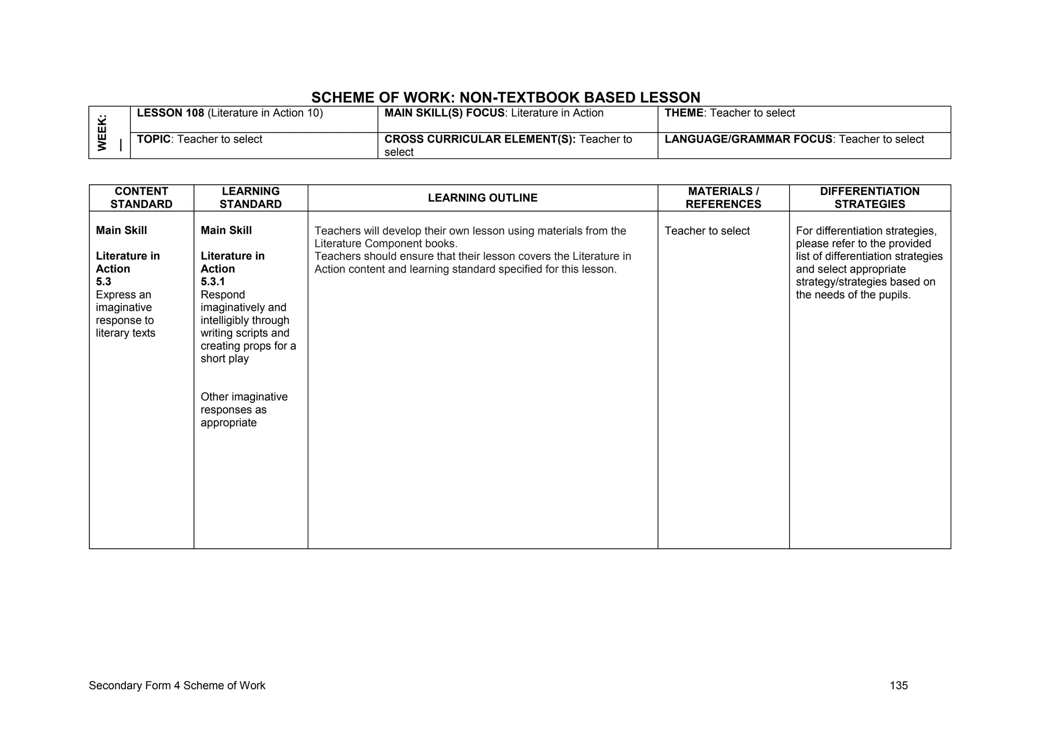 Secondary Form 4 Scheme of Work 135
SCHEME OF WORK: NON-TEXTBOOK BASED LESSON
WEEK:
__ LESSON 108 (Literature in Action 10) MAIN SKILL(S) FOCUS: Literature in Action THEME: Teacher to select
TOPIC: Teacher to select CROSS CURRICULAR ELEMENT(S): Teacher to
select
LANGUAGE/GRAMMAR FOCUS: Teacher to select
CONTENT
STANDARD
LEARNING
STANDARD
LEARNING OUTLINE
MATERIALS /
REFERENCES
DIFFERENTIATION
STRATEGIES
Main Skill
Literature in
Action
5.3
Express an
imaginative
response to
literary texts
Main Skill
Literature in
Action
5.3.1
Respond
imaginatively and
intelligibly through
writing scripts and
creating props for a
short play
Other imaginative
responses as
appropriate
Teachers will develop their own lesson using materials from the
Literature Component books.
Teachers should ensure that their lesson covers the Literature in
Action content and learning standard specified for this lesson.
Teacher to select For differentiation strategies,
please refer to the provided
list of differentiation strategies
and select appropriate
strategy/strategies based on
the needs of the pupils.
 