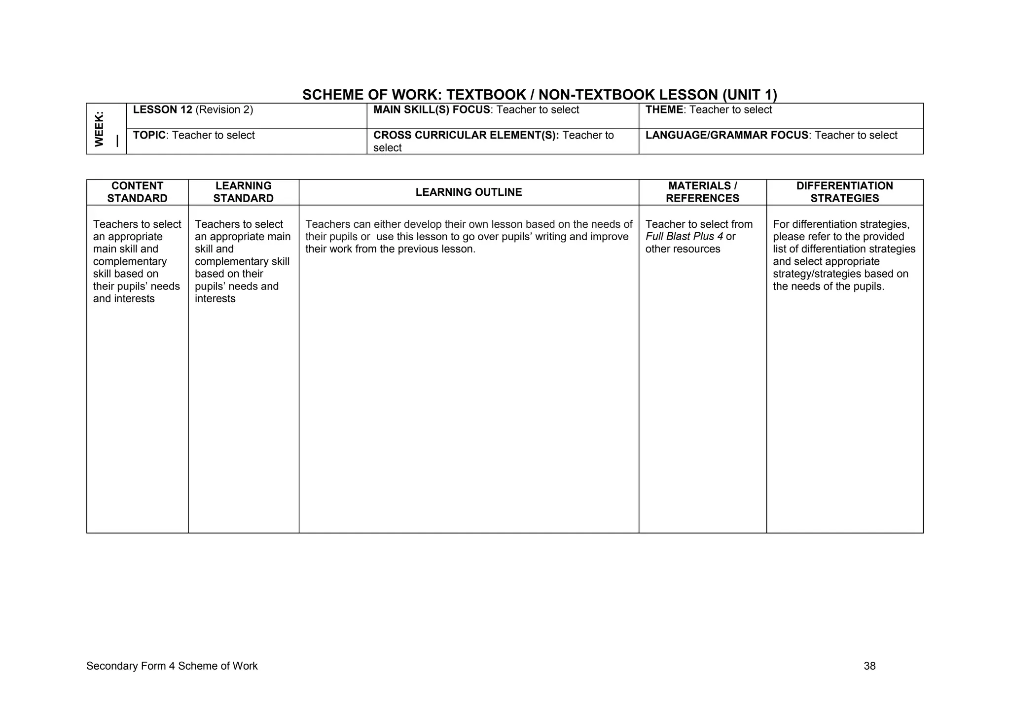 Secondary Form 4 Scheme of Work 38
SCHEME OF WORK: TEXTBOOK / NON-TEXTBOOK LESSON (UNIT 1)
WEEK:
__ LESSON 12 (Revision 2) MAIN SKILL(S) FOCUS: Teacher to select THEME: Teacher to select
TOPIC: Teacher to select CROSS CURRICULAR ELEMENT(S): Teacher to
select
LANGUAGE/GRAMMAR FOCUS: Teacher to select
CONTENT
STANDARD
LEARNING
STANDARD
LEARNING OUTLINE
MATERIALS /
REFERENCES
DIFFERENTIATION
STRATEGIES
Teachers to select
an appropriate
main skill and
complementary
skill based on
their pupils’ needs
and interests
Teachers to select
an appropriate main
skill and
complementary skill
based on their
pupils’ needs and
interests
Teachers can either develop their own lesson based on the needs of
their pupils or use this lesson to go over pupils’ writing and improve
their work from the previous lesson.
Teacher to select from
Full Blast Plus 4 or
other resources
For differentiation strategies,
please refer to the provided
list of differentiation strategies
and select appropriate
strategy/strategies based on
the needs of the pupils.
 