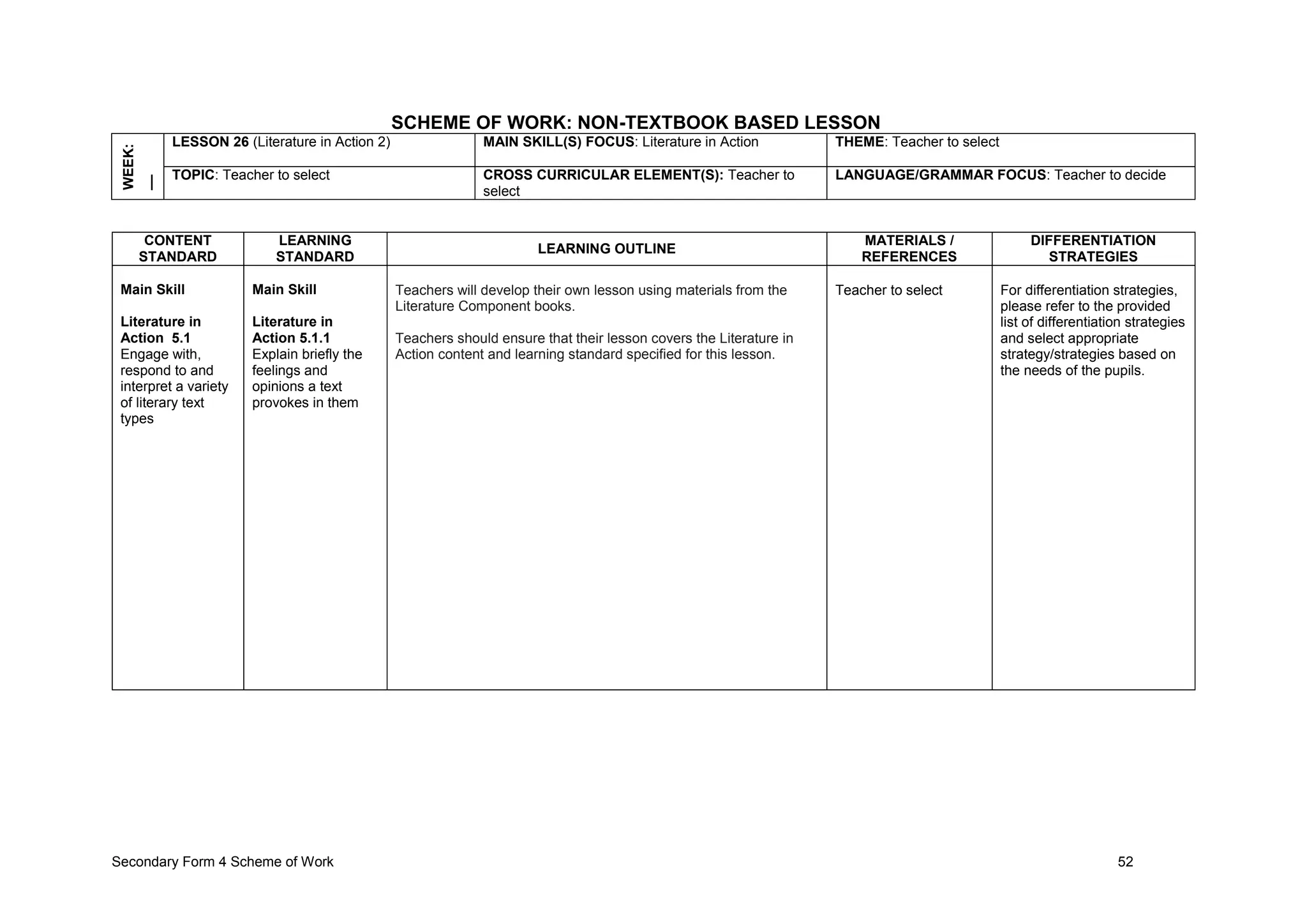 Secondary Form 4 Scheme of Work 52
SCHEME OF WORK: NON-TEXTBOOK BASED LESSON
WEEK:
__ LESSON 26 (Literature in Action 2) MAIN SKILL(S) FOCUS: Literature in Action THEME: Teacher to select
TOPIC: Teacher to select CROSS CURRICULAR ELEMENT(S): Teacher to
select
LANGUAGE/GRAMMAR FOCUS: Teacher to decide
CONTENT
STANDARD
LEARNING
STANDARD
LEARNING OUTLINE
MATERIALS /
REFERENCES
DIFFERENTIATION
STRATEGIES
Main Skill
Literature in
Action 5.1
Engage with,
respond to and
interpret a variety
of literary text
types
Main Skill
Literature in
Action 5.1.1
Explain briefly the
feelings and
opinions a text
provokes in them
Teachers will develop their own lesson using materials from the
Literature Component books.
Teachers should ensure that their lesson covers the Literature in
Action content and learning standard specified for this lesson.
Teacher to select For differentiation strategies,
please refer to the provided
list of differentiation strategies
and select appropriate
strategy/strategies based on
the needs of the pupils.
 