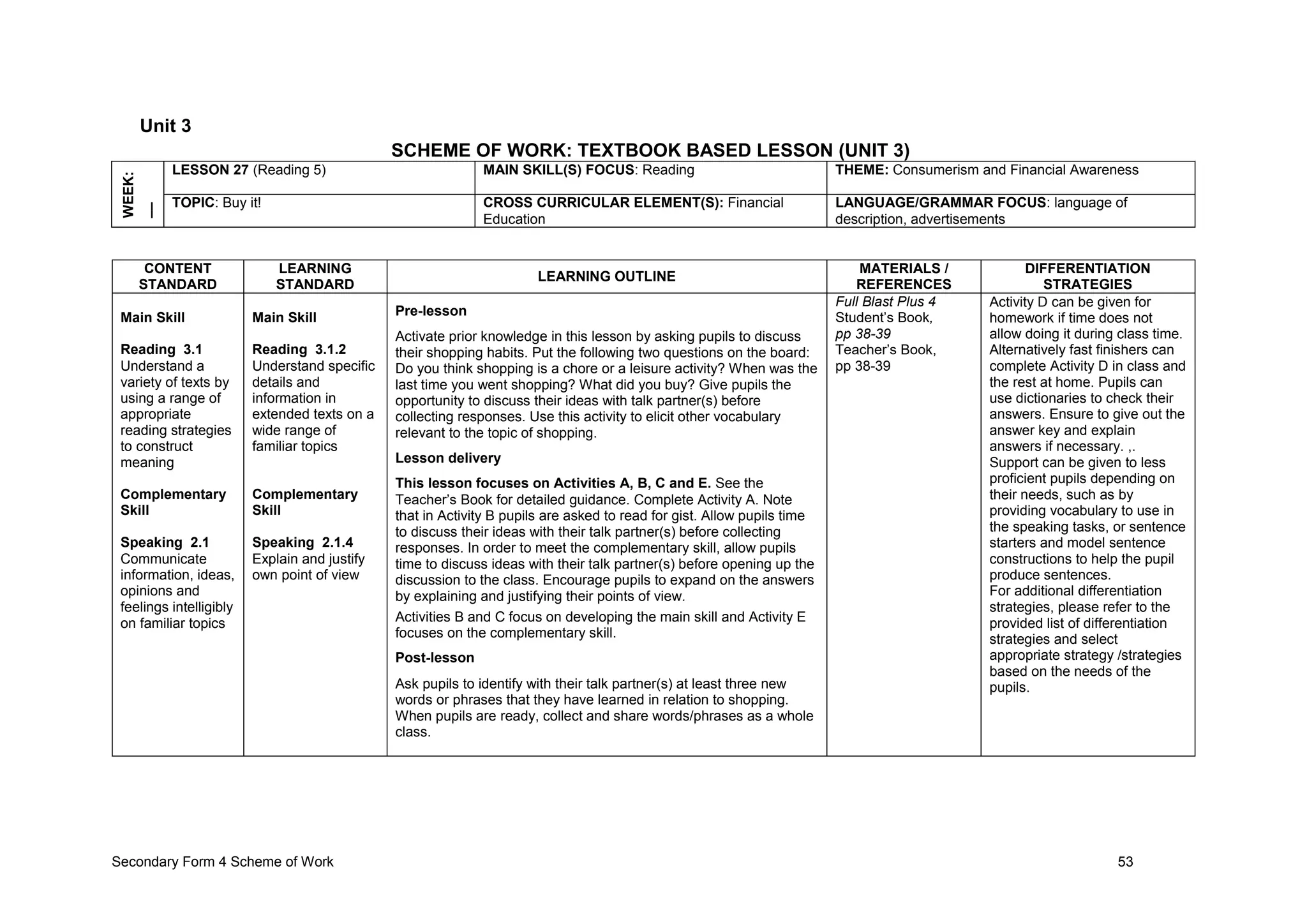 Secondary Form 4 Scheme of Work 53
Unit 3
SCHEME OF WORK: TEXTBOOK BASED LESSON (UNIT 3)
WEEK:
__
LESSON 27 (Reading 5) MAIN SKILL(S) FOCUS: Reading THEME: Consumerism and Financial Awareness
TOPIC: Buy it! CROSS CURRICULAR ELEMENT(S): Financial
Education
LANGUAGE/GRAMMAR FOCUS: language of
description, advertisements
CONTENT
STANDARD
LEARNING
STANDARD
LEARNING OUTLINE
MATERIALS /
REFERENCES
DIFFERENTIATION
STRATEGIES
Main Skill
Reading 3.1
Understand a
variety of texts by
using a range of
appropriate
reading strategies
to construct
meaning
Complementary
Skill
Speaking 2.1
Communicate
information, ideas,
opinions and
feelings intelligibly
on familiar topics
Main Skill
Reading 3.1.2
Understand specific
details and
information in
extended texts on a
wide range of
familiar topics
Complementary
Skill
Speaking 2.1.4
Explain and justify
own point of view
Pre-lesson
Activate prior knowledge in this lesson by asking pupils to discuss
their shopping habits. Put the following two questions on the board:
Do you think shopping is a chore or a leisure activity? When was the
last time you went shopping? What did you buy? Give pupils the
opportunity to discuss their ideas with talk partner(s) before
collecting responses. Use this activity to elicit other vocabulary
relevant to the topic of shopping.
Lesson delivery
This lesson focuses on Activities A, B, C and E. See the
Teacher’s Book for detailed guidance. Complete Activity A. Note
that in Activity B pupils are asked to read for gist. Allow pupils time
to discuss their ideas with their talk partner(s) before collecting
responses. In order to meet the complementary skill, allow pupils
time to discuss ideas with their talk partner(s) before opening up the
discussion to the class. Encourage pupils to expand on the answers
by explaining and justifying their points of view.
Activities B and C focus on developing the main skill and Activity E
focuses on the complementary skill.
Post-lesson
Ask pupils to identify with their talk partner(s) at least three new
words or phrases that they have learned in relation to shopping.
When pupils are ready, collect and share words/phrases as a whole
class.
Full Blast Plus 4
Student’s Book,
pp 38-39
Teacher’s Book,
pp 38-39
Activity D can be given for
homework if time does not
allow doing it during class time.
Alternatively fast finishers can
complete Activity D in class and
the rest at home. Pupils can
use dictionaries to check their
answers. Ensure to give out the
answer key and explain
answers if necessary. ,.
Support can be given to less
proficient pupils depending on
their needs, such as by
providing vocabulary to use in
the speaking tasks, or sentence
starters and model sentence
constructions to help the pupil
produce sentences.
For additional differentiation
strategies, please refer to the
provided list of differentiation
strategies and select
appropriate strategy /strategies
based on the needs of the
pupils.
 