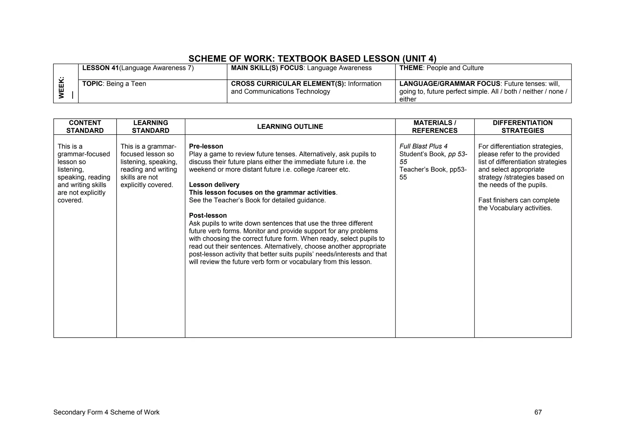 Secondary Form 4 Scheme of Work 67
SCHEME OF WORK: TEXTBOOK BASED LESSON (UNIT 4)
WEEK:
__ LESSON 41(Language Awareness 7) MAIN SKILL(S) FOCUS: Language Awareness THEME: People and Culture
TOPIC: Being a Teen CROSS CURRICULAR ELEMENT(S): Information
and Communications Technology
LANGUAGE/GRAMMAR FOCUS: Future tenses: will,
going to, future perfect simple. All / both / neither / none /
either
CONTENT
STANDARD
LEARNING
STANDARD
LEARNING OUTLINE
MATERIALS /
REFERENCES
DIFFERENTIATION
STRATEGIES
This is a
grammar-focused
lesson so
listening,
speaking, reading
and writing skills
are not explicitly
covered.
This is a grammar-
focused lesson so
listening, speaking,
reading and writing
skills are not
explicitly covered.
Pre-lesson
Play a game to review future tenses. Alternatively, ask pupils to
discuss their future plans either the immediate future i.e. the
weekend or more distant future i.e. college /career etc.
Lesson delivery
This lesson focuses on the grammar activities.
See the Teacher’s Book for detailed guidance.
Post-lesson
Ask pupils to write down sentences that use the three different
future verb forms. Monitor and provide support for any problems
with choosing the correct future form. When ready, select pupils to
read out their sentences. Alternatively, choose another appropriate
post-lesson activity that better suits pupils’ needs/interests and that
will review the future verb form or vocabulary from this lesson.
Full Blast Plus 4
Student’s Book, pp 53-
55
Teacher’s Book, pp53-
55
For differentiation strategies,
please refer to the provided
list of differentiation strategies
and select appropriate
strategy /strategies based on
the needs of the pupils.
Fast finishers can complete
the Vocabulary activities.
 