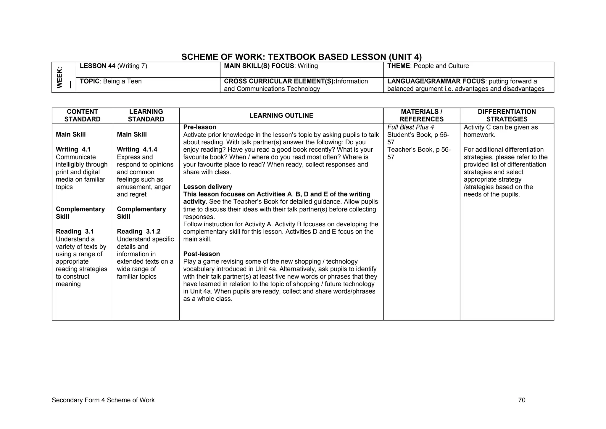 Secondary Form 4 Scheme of Work 70
SCHEME OF WORK: TEXTBOOK BASED LESSON (UNIT 4)
WEEK:
__ LESSON 44 (Writing 7) MAIN SKILL(S) FOCUS: Writing THEME: People and Culture
TOPIC: Being a Teen CROSS CURRICULAR ELEMENT(S):Information
and Communications Technology
LANGUAGE/GRAMMAR FOCUS: putting forward a
balanced argument i.e. advantages and disadvantages
CONTENT
STANDARD
LEARNING
STANDARD
LEARNING OUTLINE
MATERIALS /
REFERENCES
DIFFERENTIATION
STRATEGIES
Main Skill
Writing 4.1
Communicate
intelligibly through
print and digital
media on familiar
topics
Complementary
Skill
Reading 3.1
Understand a
variety of texts by
using a range of
appropriate
reading strategies
to construct
meaning
Main Skill
Writing 4.1.4
Express and
respond to opinions
and common
feelings such as
amusement, anger
and regret
Complementary
Skill
Reading 3.1.2
Understand specific
details and
information in
extended texts on a
wide range of
familiar topics
Pre-lesson
Activate prior knowledge in the lesson’s topic by asking pupils to talk
about reading. With talk partner(s) answer the following: Do you
enjoy reading? Have you read a good book recently? What is your
favourite book? When / where do you read most often? Where is
your favourite place to read? When ready, collect responses and
share with class.
Lesson delivery
This lesson focuses on Activities A, B, D and E of the writing
activity. See the Teacher’s Book for detailed guidance. Allow pupils
time to discuss their ideas with their talk partner(s) before collecting
responses.
Follow instruction for Activity A. Activity B focuses on developing the
complementary skill for this lesson. Activities D and E focus on the
main skill.
Post-lesson
Play a game revising some of the new shopping / technology
vocabulary introduced in Unit 4a. Alternatively, ask pupils to identify
with their talk partner(s) at least five new words or phrases that they
have learned in relation to the topic of shopping / future technology
in Unit 4a. When pupils are ready, collect and share words/phrases
as a whole class.
Full Blast Plus 4
Student’s Book, p 56-
57
Teacher’s Book, p 56-
57
Activity C can be given as
homework.
For additional differentiation
strategies, please refer to the
provided list of differentiation
strategies and select
appropriate strategy
/strategies based on the
needs of the pupils.
 