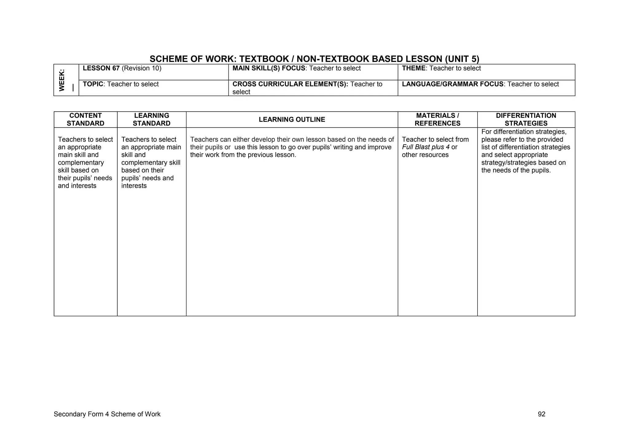 Secondary Form 4 Scheme of Work 92
SCHEME OF WORK: TEXTBOOK / NON-TEXTBOOK BASED LESSON (UNIT 5)
WEEK:
__ LESSON 67 (Revision 10) MAIN SKILL(S) FOCUS: Teacher to select THEME: Teacher to select
TOPIC: Teacher to select CROSS CURRICULAR ELEMENT(S): Teacher to
select
LANGUAGE/GRAMMAR FOCUS: Teacher to select
CONTENT
STANDARD
LEARNING
STANDARD
LEARNING OUTLINE
MATERIALS /
REFERENCES
DIFFERENTIATION
STRATEGIES
Teachers to select
an appropriate
main skill and
complementary
skill based on
their pupils’ needs
and interests
Teachers to select
an appropriate main
skill and
complementary skill
based on their
pupils’ needs and
interests
Teachers can either develop their own lesson based on the needs of
their pupils or use this lesson to go over pupils’ writing and improve
their work from the previous lesson.
Teacher to select from
Full Blast plus 4 or
other resources
For differentiation strategies,
please refer to the provided
list of differentiation strategies
and select appropriate
strategy/strategies based on
the needs of the pupils.
 