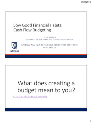 11/30/2016
1
Sow Good Financial Habits:
Cash Flow Budgeting
KELLY MCADAM
UNIVERSITY OF NEW HAMPSHIRE COOPERATIVE EXTENSION
NATIONAL WOMEN IN SUSTAINABLE AGRICULTURE CONFERENCE
PORTLAND, OR
What does creating a
budget mean to you?
HTTP://BIT.LY/CASHFLOW2016WISA
 