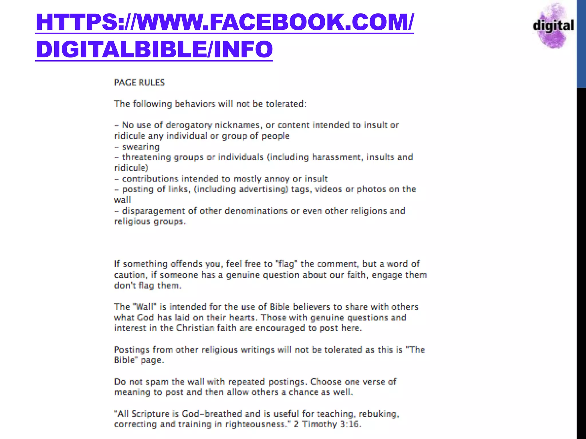 HTTPS://WWW.FACEBOOK.COM/
DIGITALBIBLE/INFO
 