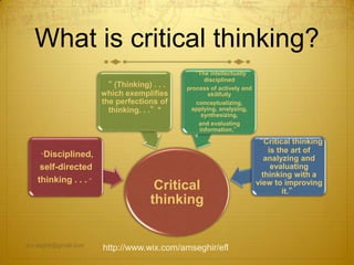 What is critical thinking?
Critical
thinking
“Disciplined,
self-directed
thinking . . . ”
“ (Thinking) . . .
which exemplifies
the perfections of
thinking. . .”*
“The intellectually
disciplined
process of actively and
skillfully
conceptualizing,
applying, analyzing,
synthesizing,
and evaluating
information.”
“Critical thinking
is the art of
analyzing and
evaluating
thinking with a
view to improving
it.”
am.seghir@gmail.com
http://www.wix.com/amseghir/efl
 