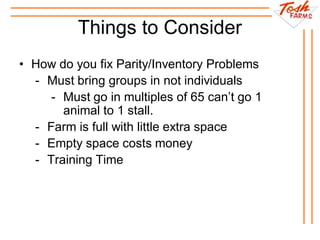 Things to Consider
• How do you fix Parity/Inventory Problems
- Must bring groups in not individuals
- Must go in multiples of 65 can’t go 1
animal to 1 stall.
- Farm is full with little extra space
- Empty space costs money
- Training Time
 