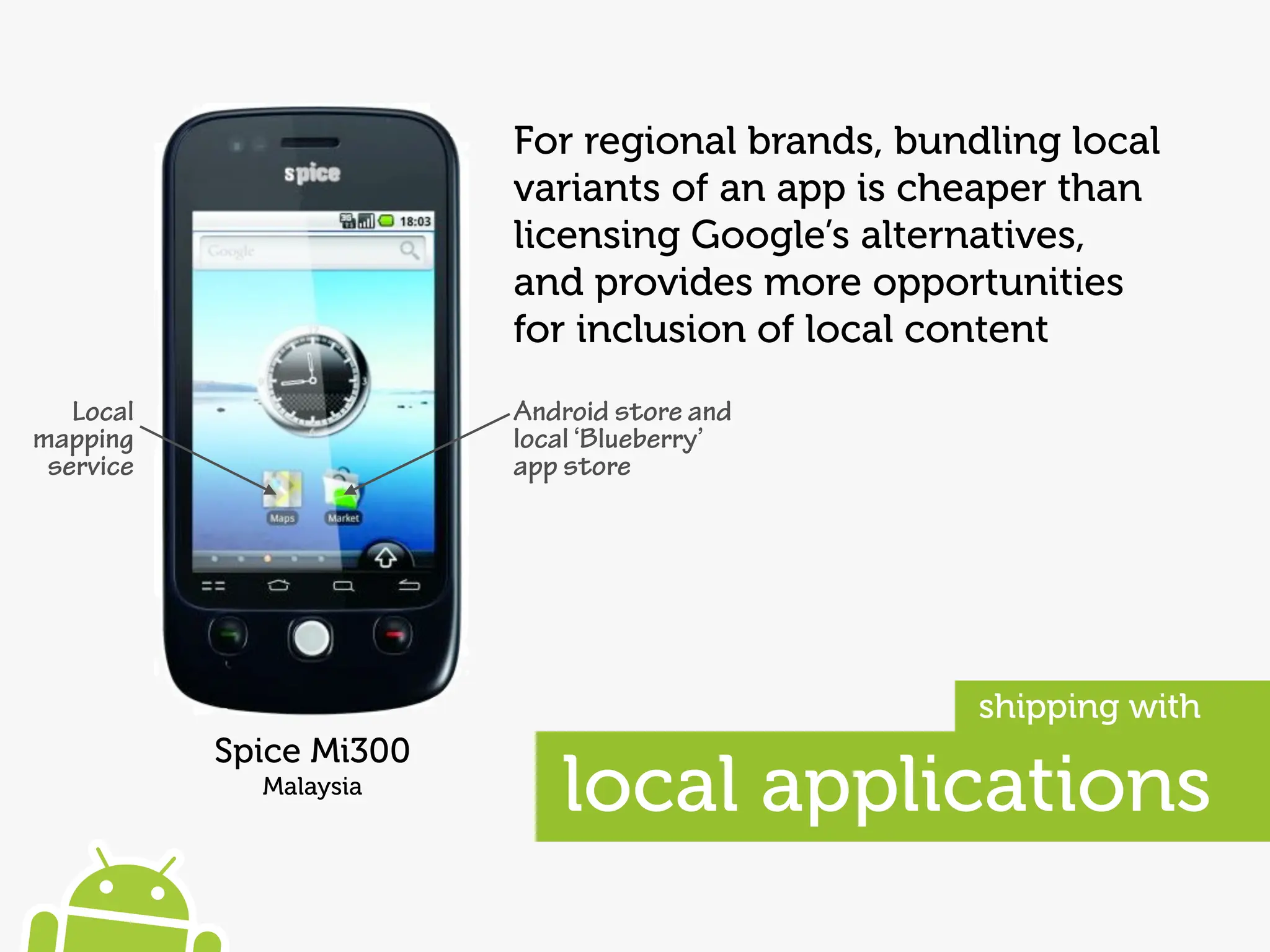 For regional brands, bundling local
                         variants of an app is cheaper than
                         licensing Google’s alternatives,
                         and provides more opportunities
                         for inclusion of local content
   Local                 Android store and
mapping                  local ‘Blueberry’
 service                 app store




                                                  shipping with
           Spice Mi300
             Malaysia
                            local applications
 