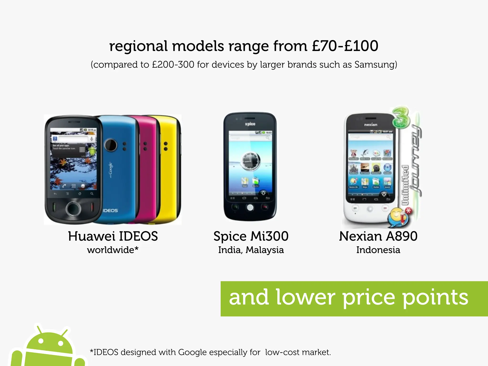 regional models range from £70-£100
   (compared to £200-300 for devices by larger brands such as Samsung)




Huawei IDEOS                    Spice Mi300                     Nexian A890
  worldwide*                     India, Malaysia                  Indonesia




                                   and lower price points

  *IDEOS designed with Google especially for low-cost market.
 