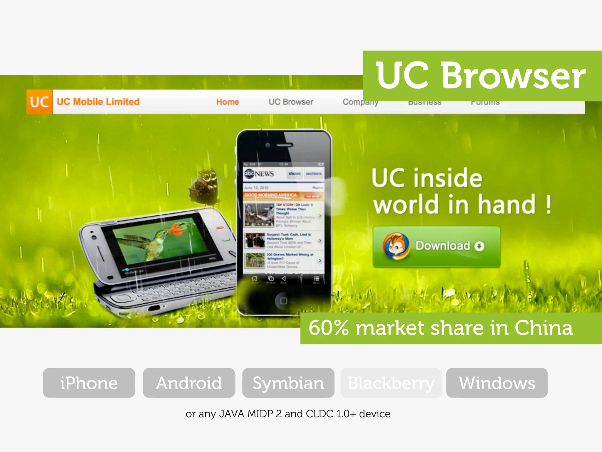 UC Browser




                                   60% market share in China

iPhone   Android        Symbian           Blackberry   Windows
            or any JAVA MIDP 2 and CLDC 1.0+ device
 