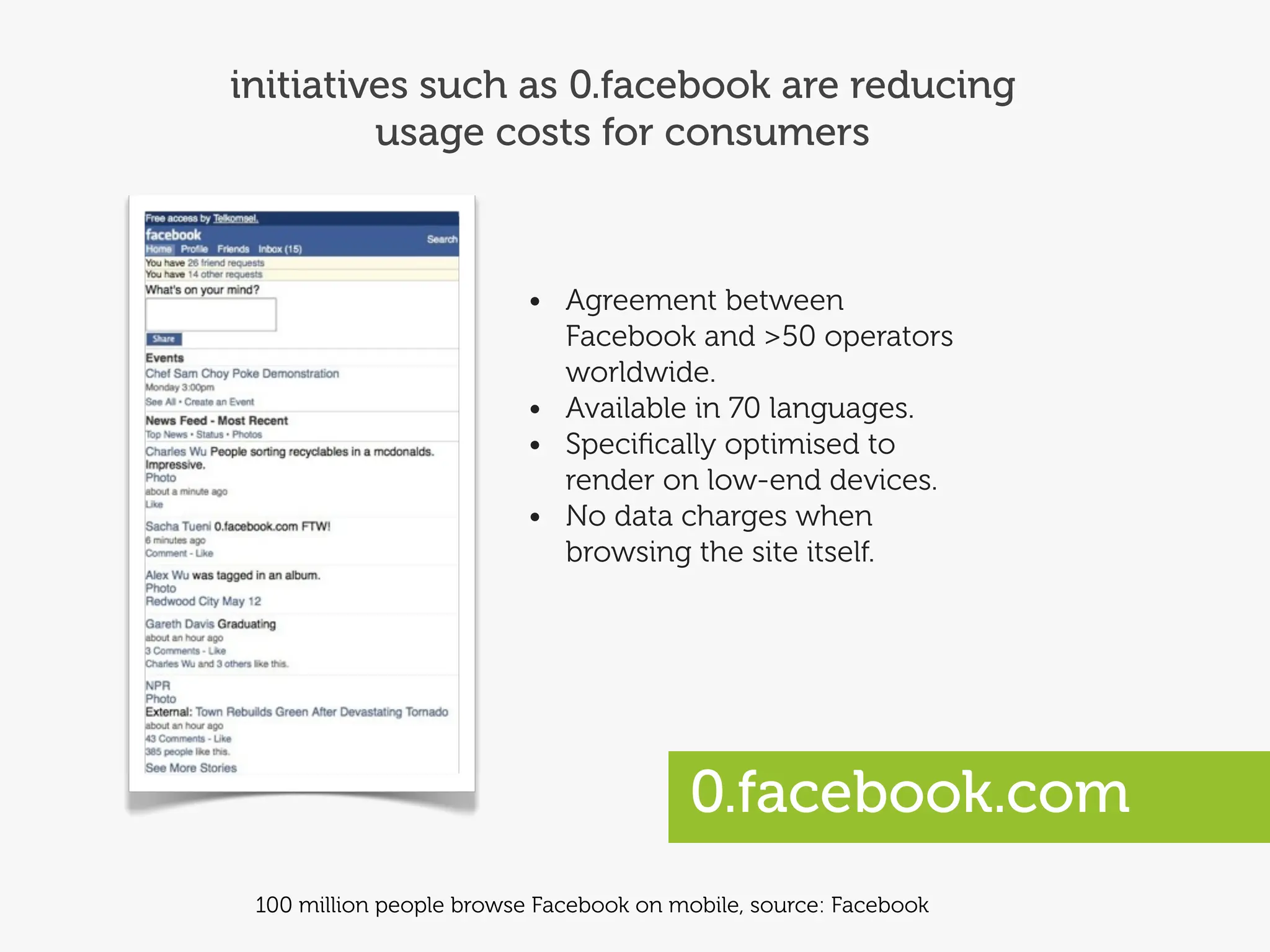 initiatives such as 0.facebook are reducing
         usage costs for consumers



                          • Agreement between
                            Facebook and >50 operators
                            worldwide.
                          • Available in 70 languages.
                          • Speciﬁcally optimised to
                            render on low-end devices.
                          • No data charges when
                            browsing the site itself.




                                        0.facebook.com
 100 million people browse Facebook on mobile, source: Facebook
 
