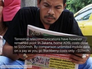Terrestrial telecommunications have however
                   remained poor. In Jakarta, home ADSL costs close
          ...