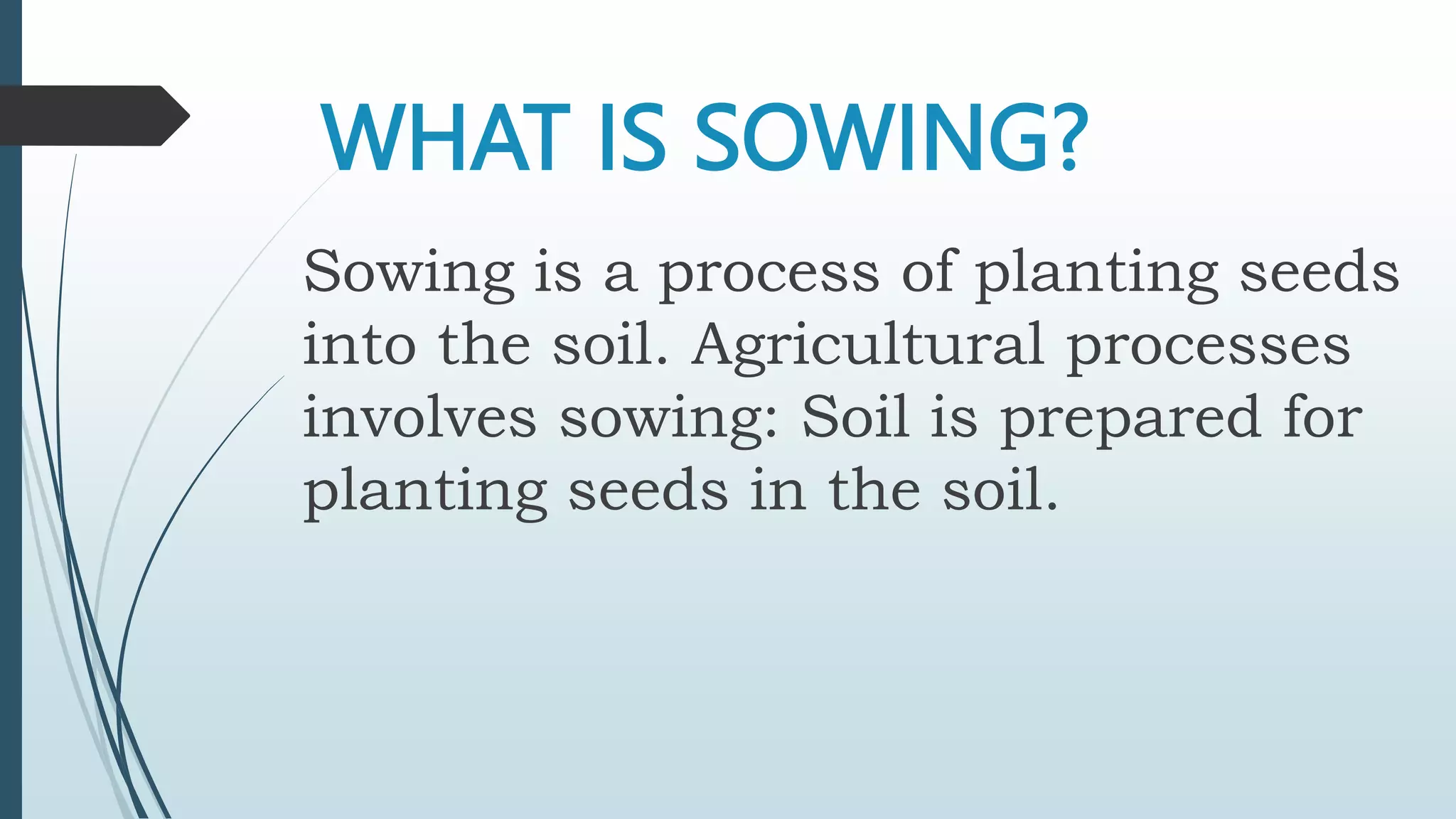 WHAT IS SOWING?
Sowing is a process of planting seeds
into the soil. Agricultural processes
involves sowing: Soil is prepared for
planting seeds in the soil.
 