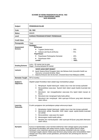 Scheme Of Work (ISL1002-Pendidikan Islam)