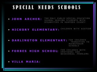 S P E C I A L  N E E D S  S C H O O L S J O H N  A R C H E R :  H I C K O R Y  E L E M E N T A R Y :  D A R L I N G T O N  E L E M E N T A R Y :  F O R B E S  H I G H  S C H O O L: V I L L A  M A R I A : T H E  O N L Y  P U B L I C  S P E C I A L  E D U C A T I O N  S C H O O L  S E R V I N G  S T U D E N T S  W I T H  D I S A B I I T I E S  I N  H A R F O R D  C O U N T Y   C H I L D R E N  W I T H  A U S T I S M   F O R  C H I L D R E N  T R A N S I T I O N  T O  M A I N S T R E A M  S C H O O L S F O R  C H I L D R E N  W I T H  E M O T I O N A L  A N D  B E H A V O R I A L  P R O B L E M S 