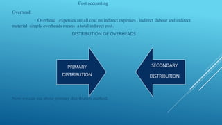 Cost accounting
Overhead:
Overhead expenses are all cost on indirect expenses , indirect labour and indirect
material simply overheads means a total indirect cost.
DISTRIBUTION OF OVERHEADS
Now we can see about primary distribution method.
PRIMARY
DISTRIBUTION
SECONDARY
DISTRIBUTION
 