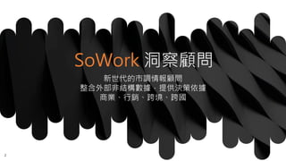SoWork 洞察顧問
新世代的市調情報顧問
整合外部非結構數據，提供決策依據
商業、行銷、跨境、跨國
2
 
