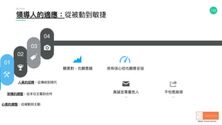 110
架構的調整：從本位主義到合作
領導⼈人的適應：從被動到敏捷
⼈人員的招聘：從傳統到現代
01
02
03
04
A c t i o n
⼼心態的調整：從被動到主動
願意對，也願意錯 很有信⼼心但也願意妥協
不怕惹⿇麻煩
—
真誠並尊重他⼈人
—
 