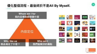 36
優化整個流程，最後終於不是All By Myself.
Whom am I for
我的⽬目標族群想要什什麼
Why like us
競品滿⾜足了了什什麼？
Who am I
我們能解決的痛點
內容定位
 