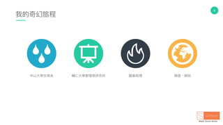 4
我的奇幻旅程
中⼭山⼤大學⽣生物系 輔仁⼤大學管理理學研究所 國會助理理 導遊、網拍
 