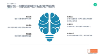 8
組合出⼀一個雙腦都還有點發達的腦袋
整合多元數據形塑有⽤用洞洞察
數據分析
結合洞洞察發展具有品牌特⾊色的傳播策略略
策略略邏輯
台灣⼈人這麼厲害，我們只是輸在英⽂文簡報
還有說⼤大話⽽而已
推廣台企
結合不同新創與奧美合作，創造亮點活動
新技術媒合
根據策略略發展整體傳播藍藍圖
傳播藍藍圖
想幫助⾏行行銷⼈人員的青春花在對的事情上
浪漫情懷
由 於 什什 麼 都 要 做
 