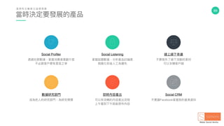 89
Social Profiler
透過社群數據，掌握消費者喜歡什什麼
不必跟客⼾戶要有意氣之爭
Social Listening
掌握話題數據，分析產品討論度
視覺化和省⼈人⼯工為優先
線上線下串串連
不要喪失了了線下活動的素材
可以多賺客⼾戶錢
數據研究部⾨門
成為他⼈人的研究部⾨門，為研究標價
即時內容產出
可以有流暢的內容產出流程
上午看到下午就能發布內容
Social CRM
不要讓Facebook掌握我的會員資料
當時決定要發展的產品
當 時 的 主 軸 就 以 這 個 發 展
 