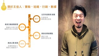 2
關於⺩俊⼈：實驗、組織、⾏銷、數據
危機管理能⼒
轄管公議題客⼾
奧美公關 經理
2017
2014
2011
2005
網紅⾏銷
轄管社群企畫
奧美社群副總監
數據化內容⾏銷
轄管內容以及採買
奧美互動副總經理
社群監測
轄管產品發展
北京科技新創 副總
 