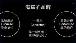 31
海盗的品牌
品牌承諾
Promise
我會搶你
品牌表現
Performed
真的搶你
⼀致性
Consistent
你⼀看到他，
就知道玩完了
 