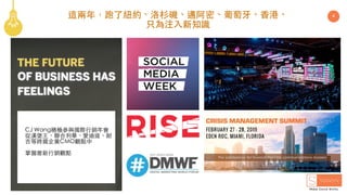 4這兩年，跑了紐約、洛杉磯、邁阿密、葡萄⽛、⾹港、
只為注⼊新知識
CJ Wang積極參與國際⾏銷年會
從漢堡⺩、聯合利華、愛迪達、耐
吉等跨國企業CMO觀點中
掌握最新⾏銷觀點
 