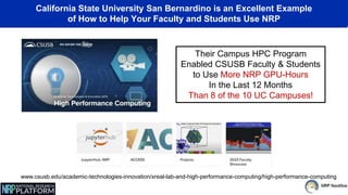 California State University San Bernardino is an Excellent Example
of How to Help Your Faculty and Students Use NRP
www.csusb.edu/academic-technologies-innovation/xreal-lab-and-high-performance-computing/high-performance-computing
Their Campus HPC Program
Enabled CSUSB Faculty & Students
to Use More NRP GPU-Hours
In the Last 12 Months
Than 8 of the 10 UC Campuses!
 