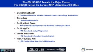 The CSUSB HPC Team Is the Major Reason
For CSUSB Having the Largest NRP Utilization of 23 CSUs
• Dr. Sam Sudhakar
– Chief Financial Officer and Vice President, Finance, Technology, & Operations
• Gerard Au
– Chief Information Officer
• Dr. Bradford Owen
– AVP for Faculty Development, Chief Academic Technologies Officer
• Dr. Dung Vu
– HPC Consultant, Analyst/Programmer
• James MacDonell
– HPC Consultant, Information Security Analyst
• Prof. Youngsu Kim
– HPC Faculty Fellow, Asst. Prof. of Mathematics
 