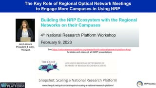 The Key Role of Regional Optical Network Meetings
to Engage More Campuses in Using NRP
www.thequilt.net/quilt-circle/snapshot-scaling-a-national-research-platform/
See https://nationalresearchplatform.org/events/fourth-national-research-platform-4nrp/
for slides and videos of all 4NRP presentations
Jen Leasure
President & CEO,
The Quilt
 