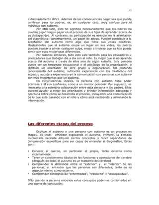 12


extremadamente difícil. Además de las consecuencias negativas que pueda
conllevar para los padres, es, en cualquier caso, muy confuso para el
individuo con autismo.
       Por otro lado, esto no significa necesariamente que los padres no
puedan jugar ningún papel en el proceso de sus hijos de aprender acerca de
su discapacidad. Al contrario, su participación es esencial en la asimilación
del diagnóstico; concretamente, un papel de apoyo. Pueden contribuir a la
aceptación del autismo como algo que tiene sus cosas positivas.
Mostrándoles que el autismo ocupa un lugar en sus vidas, los padres
pueden ayudar a aliviar cualquier culpa, enojo o tristeza que su hijo pueda
sentir por esas misteriosas diferencias.
       Por razones similares, todo esto vale también para los educadores u
orientadores que trabajan día a día con el niño. Es mejor que él no aprenda
acerca del autismo a través de ellos sino de algún extraño. Esta persona
puede ser un terapeuta educacional o el psicólogo de la organización, o
también un orientador de otro grupo u organización. Un profundo
conocimiento del autismo, suficiente experiencia con los trastornos del
espectro autista y experiencia en la comunicación con personas con autismo
son más importantes que un diploma.
       En circunstancias ideales, la persona con autismo debe poder
acercase a él con confianza, como a un mentor personal. Por supuesto, es
necesaria una estrecha colaboración entre esta persona y los padres. Ellos
pueden ayudar a elegir las prioridades y brindar información adecuada y
oportuna sobre cómo se desarrolla el proceso, incluyendo una comunicación
de lo que está pasando con el niño y cómo está recibiendo y asimilando la
información.




Las diferentes etapas del proceso

      Explicar el autismo a una persona con autismo es un proceso en
etapas. Es inútil empezar explicando el autismo. Primero, la persona
involucrada necesita adquirir ciertos conceptos y tener capacidades de
comprensión específicas para ser capaz de entender el diagnóstico. Estas
son:

•   Conocer el cuerpo, en particular el propio, tanto externa como
    internamente.
•   Tener un conocimiento básico de las funciones y operaciones del cerebro
    (después de todo, el autismo es un trastorno del cerebro)
•   Comprender la diferencia entre el “exterior” y el “interior” de las
    personas, y entender que las personas son diferentes, tanto en su
    aspecto interno como externo.
•   Comprender conceptos de “enfermedad”, “trastorno” y “discapacidad”.

Sólo cuando la persona entiende estos conceptos podemos combinarlos en
una suerte de conclusión:
 