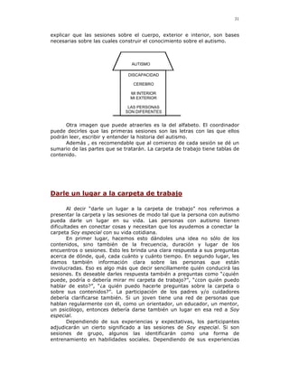 31


explicar que las sesiones sobre el cuerpo, exterior e interior, son bases
necesarias sobre las cuales construir el conocimiento sobre el autismo.



                                AUTISMO

                               DISCAPACIDAD

                                 CEREBRO

                                MI INTERIOR
                                MI EXTERIOR

                               LAS PERSONAS
                              SON DIFERENTES


      Otra imagen que puede atraerles es la del alfabeto. El coordinador
puede decirles que las primeras sesiones son las letras con las que ellos
podrán leer, escribir y entender la historia del autismo.
      Además , es recomendable que al comienzo de cada sesión se dé un
sumario de las partes que se tratarán. La carpeta de trabajo tiene tablas de
contenido.




Darle un lugar a la carpeta de trabajo

        Al decir “darle un lugar a la carpeta de trabajo” nos referimos a
presentar la carpeta y las sesiones de modo tal que la persona con autismo
pueda darle un lugar en su vida. Las personas con autismo tienen
dificultades en conectar cosas y necesitan que los ayudemos a conectar la
carpeta Soy especial con su vida cotidiana.
        En primer lugar, hacemos esto dándoles una idea no sólo de los
contenidos, sino también de la frecuencia, duración y lugar de los
encuentros o sesiones. Esto les brinda una clara respuesta a sus preguntas
acerca de dónde, qué, cada cuánto y cuánto tiempo. En segundo lugar, les
damos también información clara sobre las personas que están
involucradas. Eso es algo más que decir sencillamente quién conducirá las
sesiones. Es deseable darles respuesta también a preguntas como “¿quién
puede, podría o debería mirar mi carpeta de trabajo?”, “¿con quién puedo
hablar de esto?”, “¿a quién puedo hacerle preguntas sobre la carpeta o
sobre sus contenidos?”. La participación de los padres y/o cuidadores
debería clarificarse también. Si un joven tiene una red de personas que
hablan regularmente con él, como un orientador, un educador, un mentor,
un psicólogo, entonces debería darse también un lugar en esa red a Soy
especial.
        Dependiendo de sus experiencias y expectativas, los participantes
adjudicarán un cierto significado a las sesiones de Soy especial. Si son
sesiones de grupo, algunos las identificarán como una forma de
entrenamiento en habilidades sociales. Dependiendo de sus experiencias
 