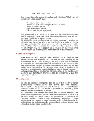 46




                  1=V    2=F   3=V   4=F    5=V

      Las respuestas a las preguntas del recuadro titulado “¿Qué hace el
      cerebro en estos casos?” son:

            Veo acercarse un auto: recibir
            Pienso que mi hermana llegará tarde: procesar
            Pateo la pelota: enviar
            Digo mi nombre: enviar
            Leo un libro: recibir y procesar.

      Las respuestas a la tarea de la ficha con los cuatro dibujos del
      hombre sediento y que va a tomar algo del refrigerador, son: recibir,
      procesar (recibir+), procesar, enviar.
      La distinción entre las funciones de recibir, procesar y enviar, no
      siempre son claras, porque el cerebro las lleva a cabo al mismo
      tiempo. Además, la observación y el procesamiento están
      inextricablemente interconectados: en el momento en que el hombre
      ve el refrigerador, su percepción de la imagen en su retina como
      “refrigerador” ya constituye una interpretación de su percepción.

Clases de inteligencia

      Esta ficha no está pensada para abordar ya el tema de las
      consecuencias del autismo (ej., los efectos del autismo en la
      inteligencia social). Sin embargo, es importante dar suficientes
      ejemplos de las diferentes clases de inteligencia. Trate de evitar que
      los participantes consideren estos ejemplos como ítems en los que
      deben sacar una puntuación. Algunos niños tienen la tendencia de
      comparar su desempeño con ciertas tareas que se dan de ejemplo.
      A los participantes de inteligencia normal o alta, se les puede pedir
      primero que identifiquen diferentes tipo de inteligencia y que den
      ejemplos de ellas.

Mi inteligencia

      La lista de clases de inteligencia con las que deben identificarse los
      participantes también puede ser escrita por otra persona.
      Nuevamente, esto puede ser una forma de que el coordinador
      verifique cómo se ve a sí misma la persona con autismo y cuán
      realista es ese concepto de sí mismo.
      El comentario final debería ser hecho con la debida atención. Las
      personas inteligentes con autismo a veces sobreestiman el impacto y
      la importancia de ciertas clases de inteligencia. El concepto de
      “sentido común” requiere una explicación adicional, y esto
      ciertamente es necesario para verificar cuán suficientemente lo
      entendieron los participantes. Es recomendable explicar también que
      el sentido común no se puede medir.
 