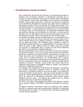 53


- Procedimientos y puntos de interés


     Hay nuevamente dos formas de informar a los participantes sobre su
     autismo. Con el enfoque inductivo, el coordinador comienza con un
     número de cosas concretas con las que la persona tiene dificultades.
     A continuación, divide esas dificultades en tres grupos (la llamada
     tríada), nombra estas tres áreas, y entonces les dice que cualquiera
     que experimente dificultades con estas tres partes tiene un trastorno
     del espectro autista. Este es el enfoque de “abajo hacia arriba”. Con
     el método deductivo, el coordinador comienza diciendo al participante
     “Tienes autismo”, y luego explica qué significa eso y en qué consiste
     (la tríada). Junto con el participante, el coordinador identifica luego
     qué significa esto para el participante en particular, y le pide que de
     ejemplos de las dificultades que él haya experimentado para cada
     elemento de la tríada. Este es el enfoque de “arriba hacia abajo”.
     La carpeta de trabajo sigue el método deductivo. La razón para esto
     es que la mayoría de los niños y jóvenes con autismo están más o
     menos familiarizados con la palabra “autismo”, y normalmente saben
     que se aplica para ellos. Sin embargo, alguno pueden no saber el
     significado preciso del término y, especialmente, no entender de qué
     forma se aplica a ellos. Algunas veces lo niegan. Para las personas
     que conocen su diagnóstico pero no saben en qué forma específica
     los afecta, se recomienda el método deductivo.
     Para los participantes que no estén al corriente del término “trastorno
     del espectro autista” y no se dan cuenta de que tienen tal trastorno,
     puede ser preferible el método inductivo. Este enfoque a veces es el
     mejor para usar con las personas que dudan de su diagnóstico. Si
     usted usa el método inductivo, es recomendable que la sesión
     termine con la conclusión “y todo esto es lo que se llama autismo”, e
     ilustrar nuevamente el término “trastorno del espectro autista” dando
     ejemplos concretos. Además, usted tendrá que tratar todavía los
     aspectos de las causas, invisibilidad, espectro, ayudas, y los aspectos
     positivos y negativos del autismo.
     Las personas con diagnóstico de Síndrome de Asperger es preferible
     que tengan información adicional sobre la ubicación exacta del
     síndrome en el espectro desde el inicio de la sesión. Una ilustración
     visual del espectro puede ayudar, pero eso implica también un riesgo
     de llevar a estos participantes a conclusiones incorrectas como “Ah,
     estoy del lado de la normalidad, entonces estoy mucho menos
     afectado que los otros”. (La carpeta de trabajo tiene un página
     especial para situar al Síndrome de Asperger).
     Lo mismo vale para otros diagnósticos dentro del espectro autista,
     como autismo atípico, PDD-NOS, trastornos asociados al autismo,
     etc.
     La página contiene información sobre los trastornos del espectro
     autista, con espacios para que el participante complete con ejemplos
     concretos sobre sí mismo. La distinción está expresada visualmente
     por dos dibujos diferentes:
 