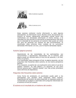 54




                       Sobre el autismo en general.




                       Sobre el autismo en mí.




     Estas sesiones contienen mucha información y, para algunos
     participantes, es información nueva. Muchas veces, las personas con
     autismo se sienten rápidamente abrumados cuando tienen que
     confrontarse con demasiada información al mismo tiempo, y la
     velocidad con que asimilan la información es generalmente más lenta
     que la velocidad de las personas sin autismo. Esto puede ser cierto
     aún para las personas con autismo de alto funcionamiento. El
     coordinador debe entonces tener cuidado de no suministrar
     demasiada información a la vez, y de no hacerlo demasiado rápido.


Autismo (página-sumario)

     Dependiendo de las necesidades de los participantes, sus
     conocimientos y asociaciones relacionadas con el autismo, esta
     página puede ser ofrecida tanto al inicio de las sesiones, o al final,
     como un sumario.
     Si el coordinador elige entregarla al final, la página siguiente, con las
     preguntas más frecuentes sobre autismo, es una buena perspectiva
     general.
     Si es necesario, se podría dar una explicación extra sobre el uso de la
     palabra “autismo”. En esta página y la siguiente, se usa como
     término general para “espectro autista” (ver más arriba comentario
     sobre términos de diagnóstico)

Preguntas más frecuentes sobre autismo

     Como forma de ampliación, el coordinador puede pedir a los
     participantes que escriban otras preguntas sobre autismo.
     Dependiendo del carácter de estas preguntas, la respuesta puede ser
     incorporada en la página o reservada como pregunta relacionada con
     el autismo al final de la sesión.

El autismo es el resultado de un trastorno del cerebro
 